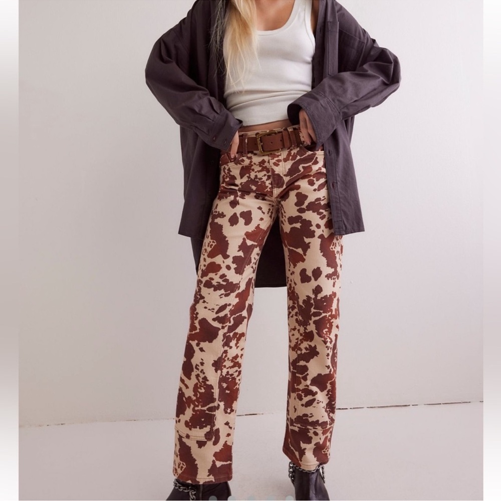 FREE PEOPLE We The Free Risk Taker High Rise Straight Leg Jeans Cow Print - Picture 2 of 11